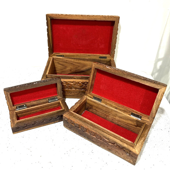 Vintage Carved Wood Nesting Boxes (3) Ornate Hinged Brass Inlay Stacking Jewelry - Picture 3 of 12